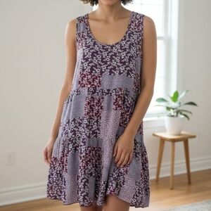 BLUE💙SKY Patchwork Floral Mini Dress Front Small Patch Pockets SZ XL